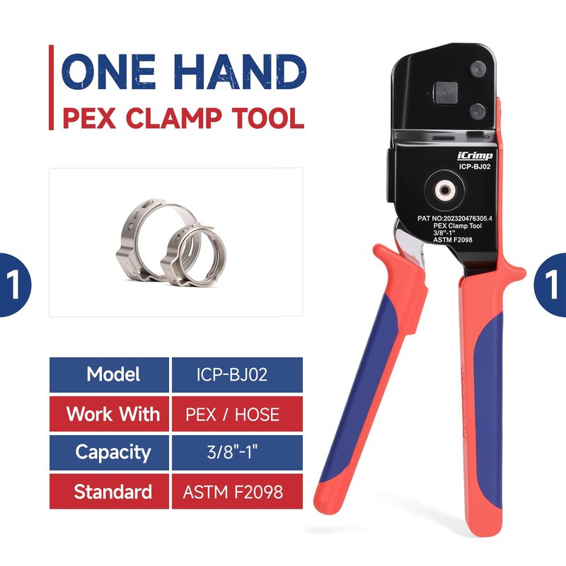 iCrimp KIT-BJ02 PEX Crimping Tool Kit with PEX Clamps, PEX Pipe Cutter, One-Handed PEX Clamp Tool for Cinching 3/8-in, 1/2-in, 3/4-in, 1-in PEX Clamp