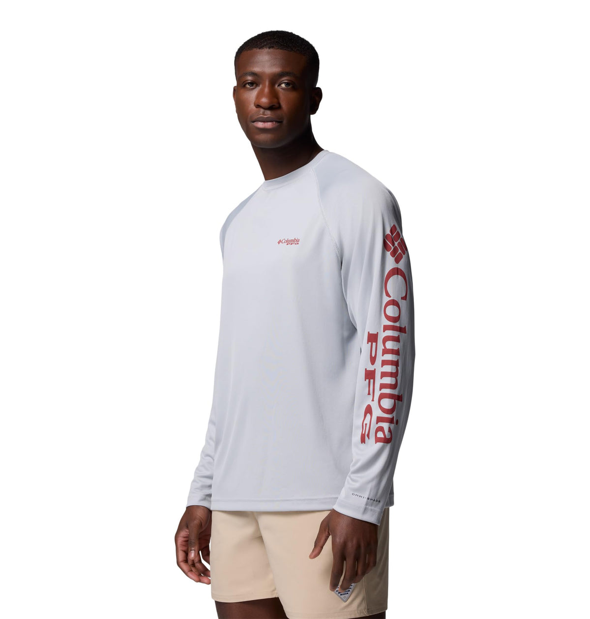 Columbia Men's PFG Terminal Tackle Long Sleeve Fishing Shirt, Cool Grey/Dusty Crimson Logo, Medium