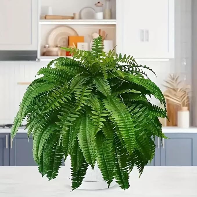21in Ferns Artificial Bush Plants Large, 3 Artificial Boston Ferns with 54 Fronds for Home Garden Office Porch