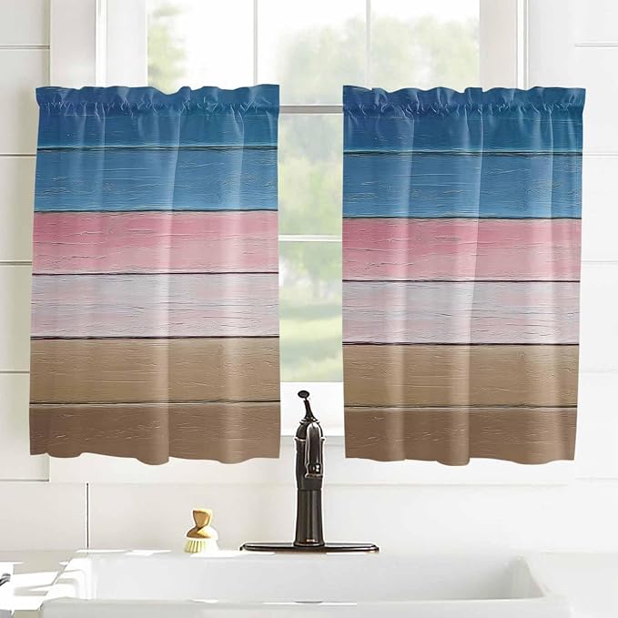 Blue Pink Brown Gradient Wood Grain Window Valance Curtains, Vintage Wood Board
