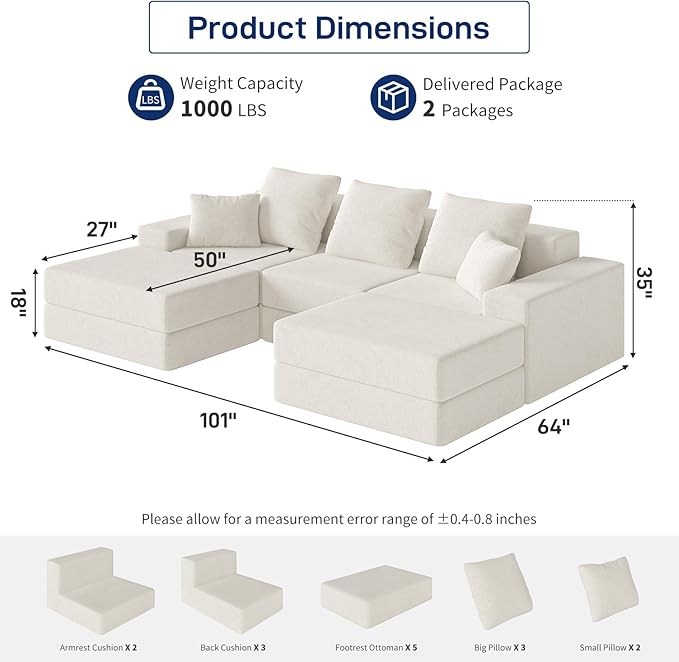 Living&Giving 101" U-Shaped Cloud Sectional Couch for Living Room, Cloud Boneless Couch-No Assembly with Reversible Chaise, Customizable 3-Seat Modular Sectional Sofa with 2 Ottoman, Beige