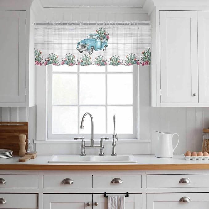 Farmhouse Sheer Valance Curtains, Summer Blue Car