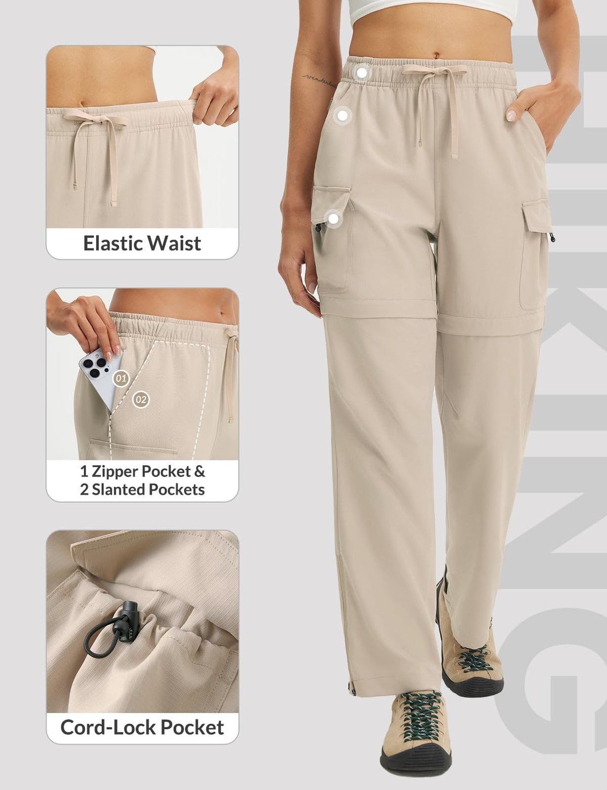 baleaf Women's Hiking Pants 29'' Convertible Zip-Off Pants with 6 Pockets Water Resistant Lightweight Quick Dry UPF 50+ Khaki L