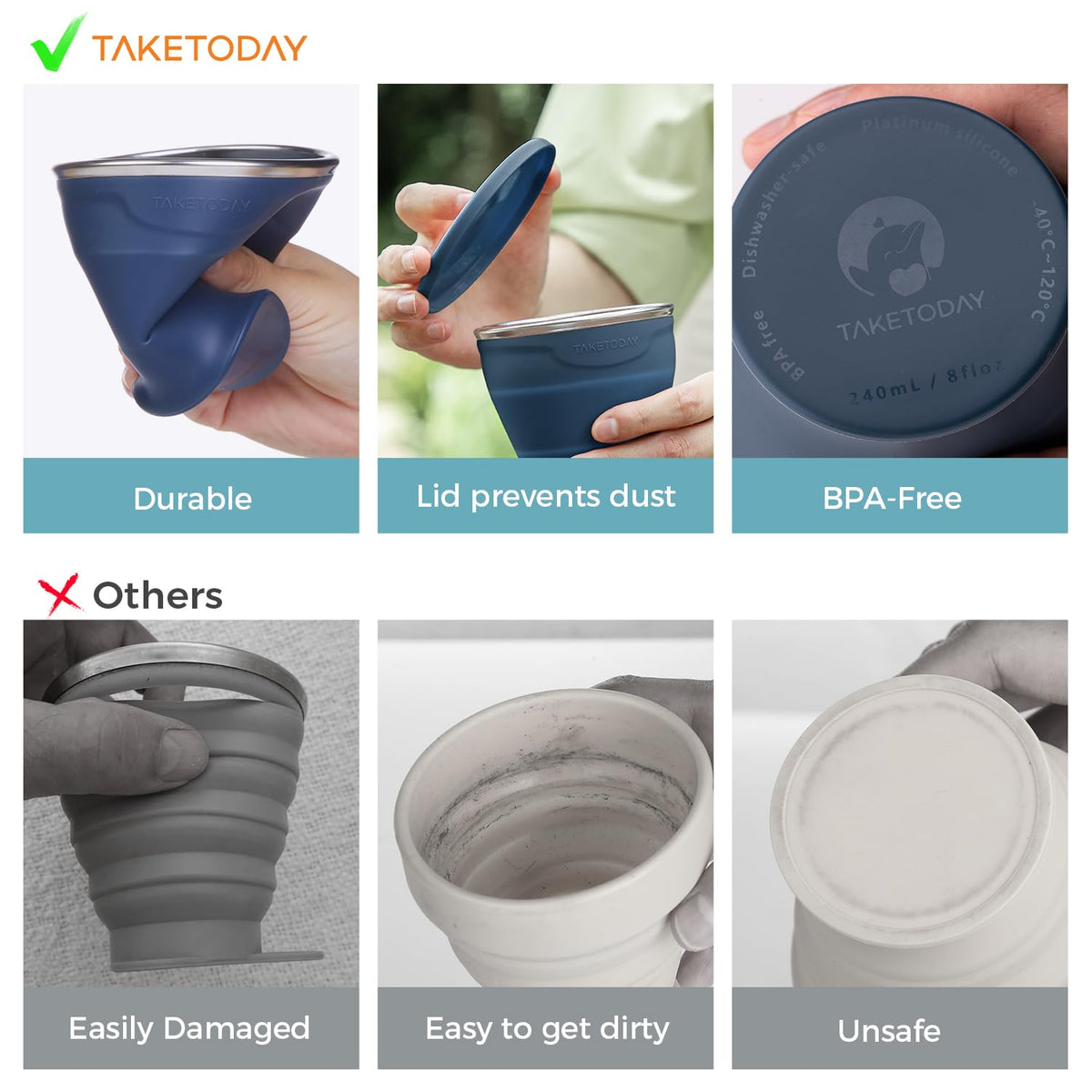TakeToday Collapsible Travel Cup 8 Oz, Silicone Foldable Water Cup, BPA-Free with Lid & Waterproof Bag - Drinking Cup Set for Camping, Outdoors & International Travel, Navy