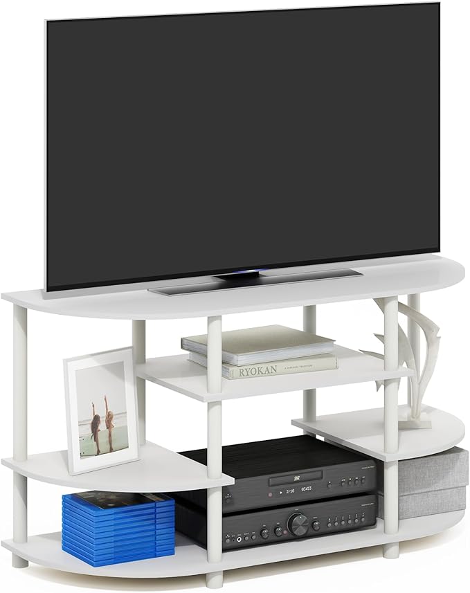 Furinno Jaya TV Stand, 4-Tier Open Shelf Design Corner Entertainment Center with Round Corner, TV Console for TV up to 46 Inch, Toolless Assembly, for Living Room, Bedroom, White
