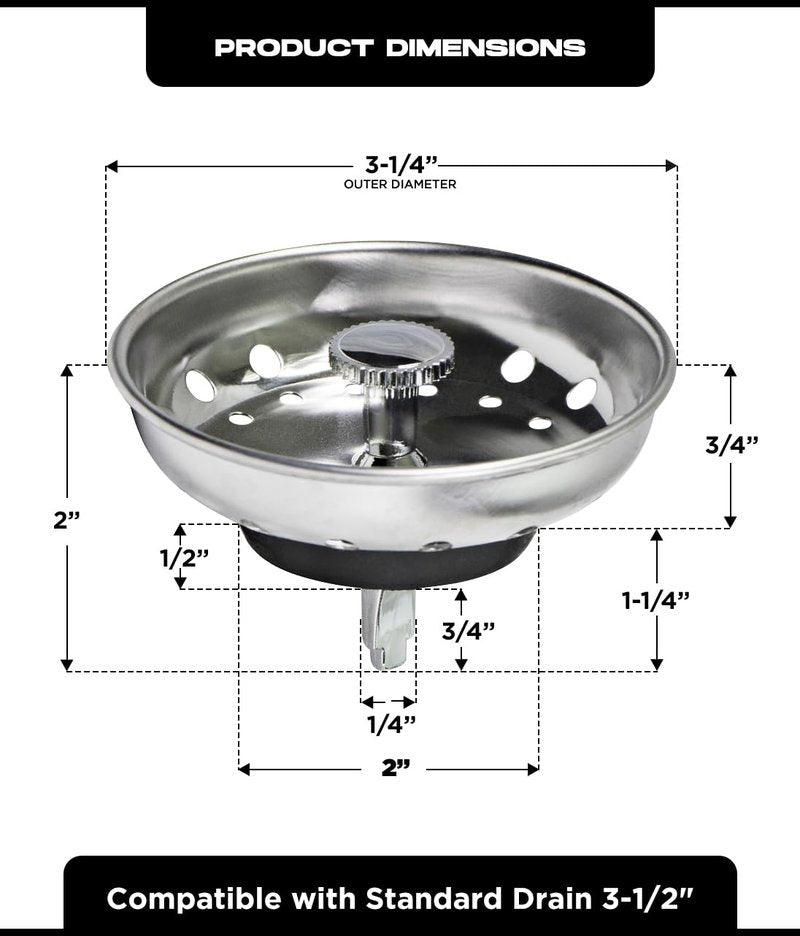Highcraft 97333O Kitchen Sink Basket Strainer Replacement for Standard Drains (3-1/2 Inch) Chrome Plated Stainless Steel Body with Rubber Stopper, Single