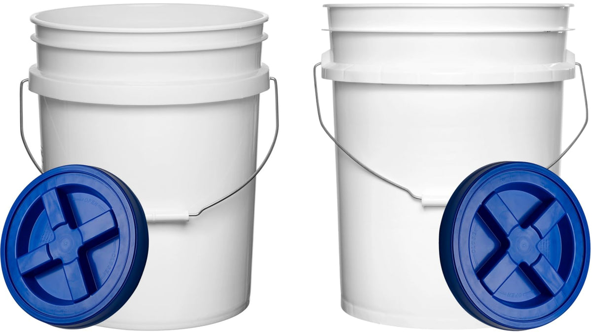 House Naturals Food Grade 5 Gallon Made in USA Plastic Bucket with Air Tight Screw on Lid (White Buckets with Red Lids)