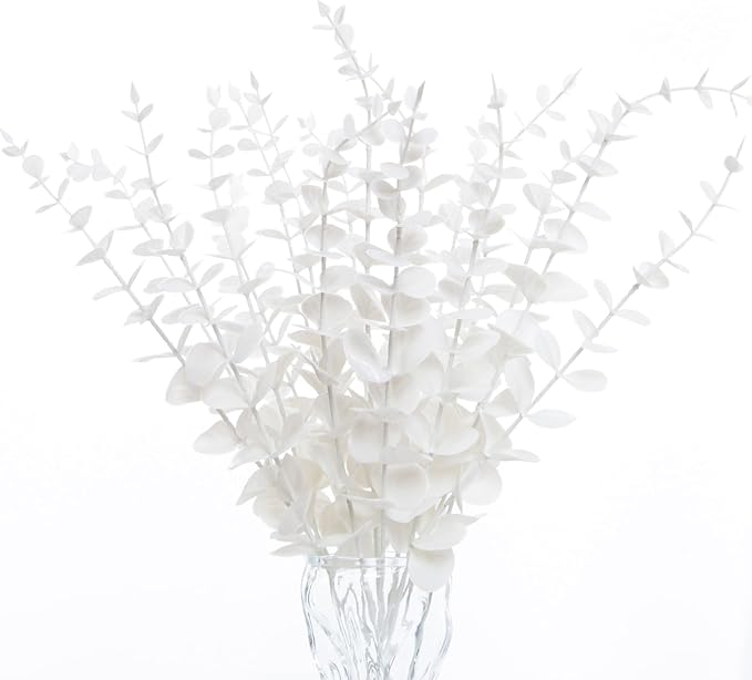 18pcs White Eucalyptus Stems Greenery Stems Fake Leaves Artificial Flowers Bouquet Faux Branches Centerpiece Flores Plants for Home Party Decor Wedding Decoration