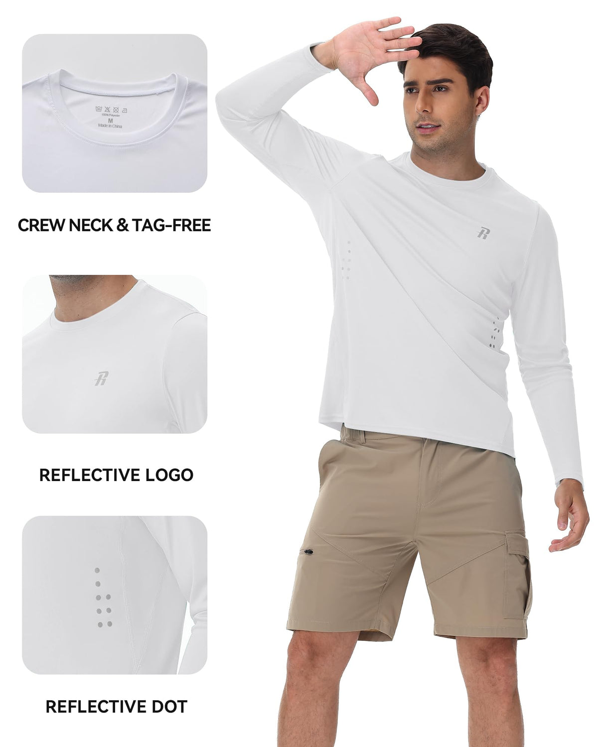 Runhit Men's UPF 50+ Sun Protection Shirts Long Sleeve UV Swim Shirt Fishing Hiking Running Rash Guard Quick Dry Lightweight White M