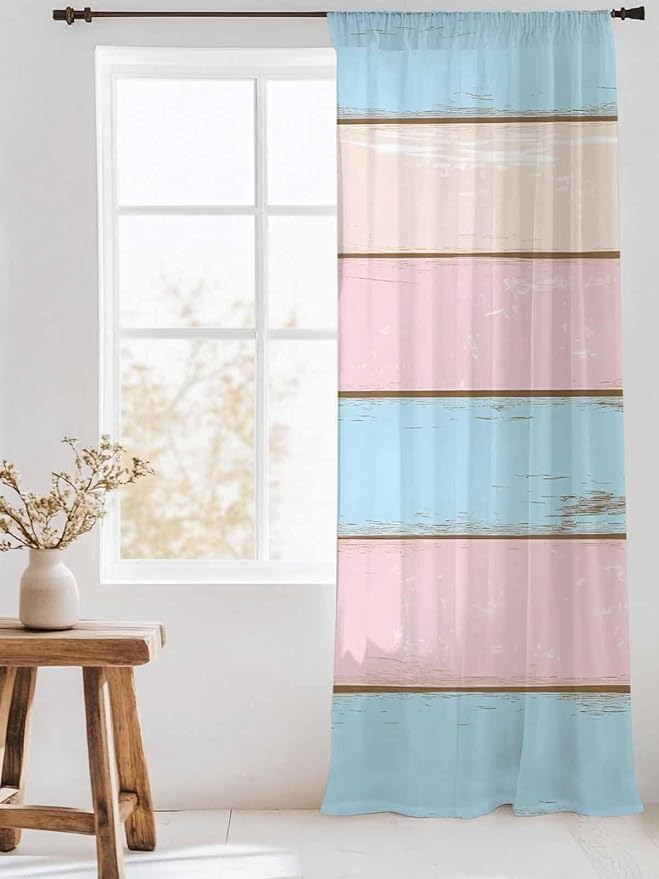 Sheer Curtains 108 Inches Long, Farmhouse Country Shabby Striped Privacy Voile