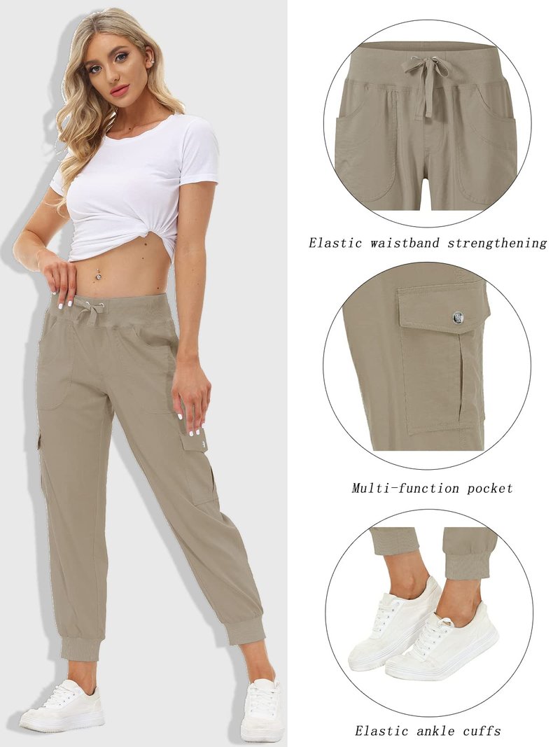MoFiz Women's Cargo Pants Hiking Joggers Summer Lightweight Quick Dry Athletic Outdoor Sports Sweatpants Travel Casual Button Pockets Khaki 2XL