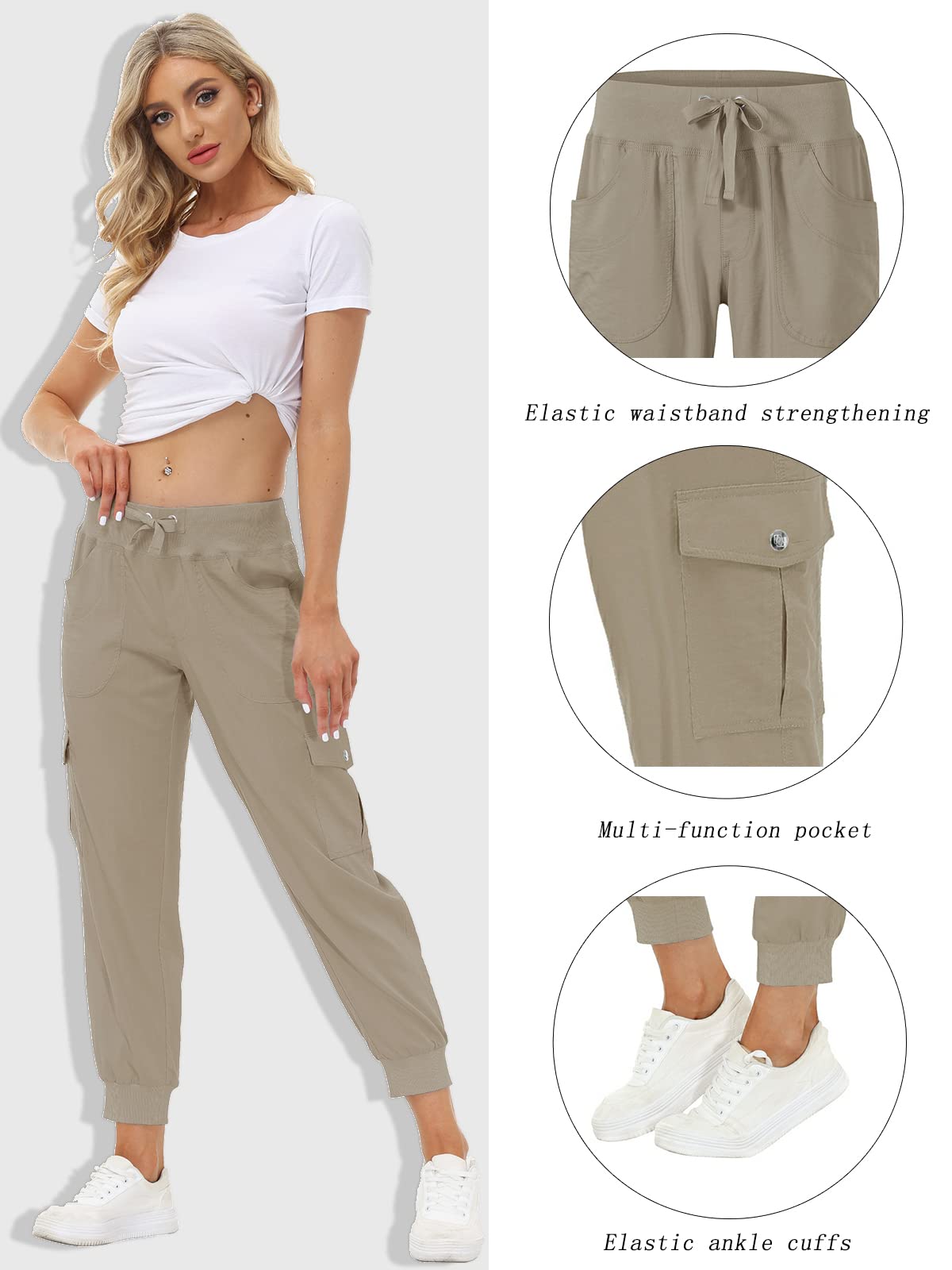 MoFiz Women's Cargo Pants Hiking Joggers Summer Lightweight Quick Dry Athletic Outdoor Sports Sweatpants Travel Casual Button Pockets Khaki 3XL