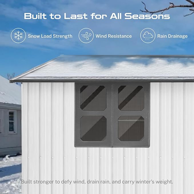 12 x 10 FT Outdoor Storage Shed, Metal Garden Tool Shed with Slooping Roof, Lockable Doors, All-Weather Bike Shed Easy to Assemble for Backyard, Patio, Lawn, White+Black