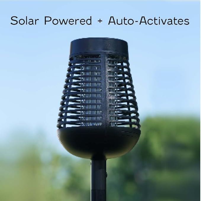 PIC Bug Zapper, 600V Solar Powered Insect Trap & Fly Zapper for Outdoor Use, LED Flickering Flame, Activates Automatically in Dark, Weatherproof Outdoor Fly Trap, Kills Bugs on Contact, Twin Pack