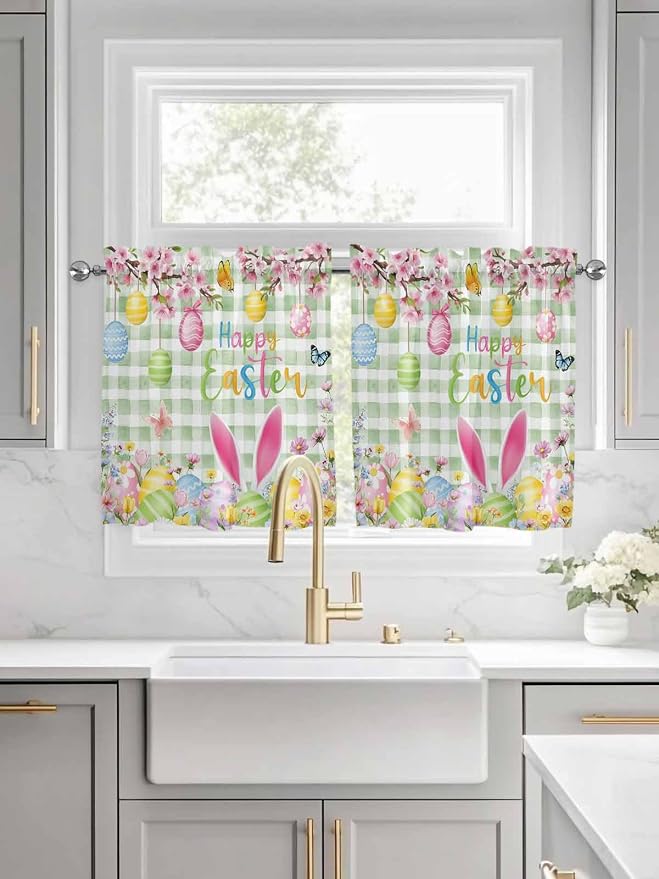 Happy Easter Half Window Curtains 24 Inches Long, Spring Bunny Eggs Flower Sage
