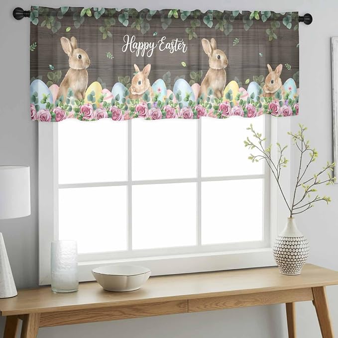 Easter Sheer Valances for Windows 42"x12", Light Filtering Kitchen Curtains
