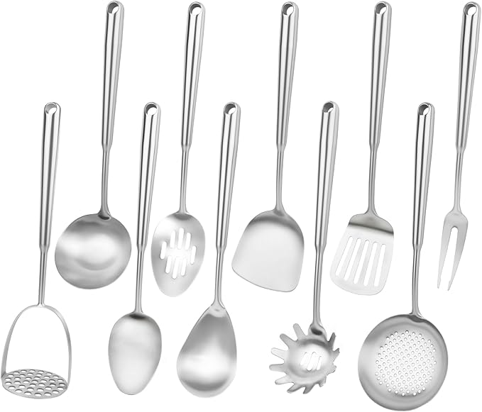 304 Stainless Steel Cooking Utensils Set, 10pcs Long Metal Kitchen Utensils Set Come with Spoon, Potato Press, Spatula, Ladle, Skimmer, Turner, Pasta Server