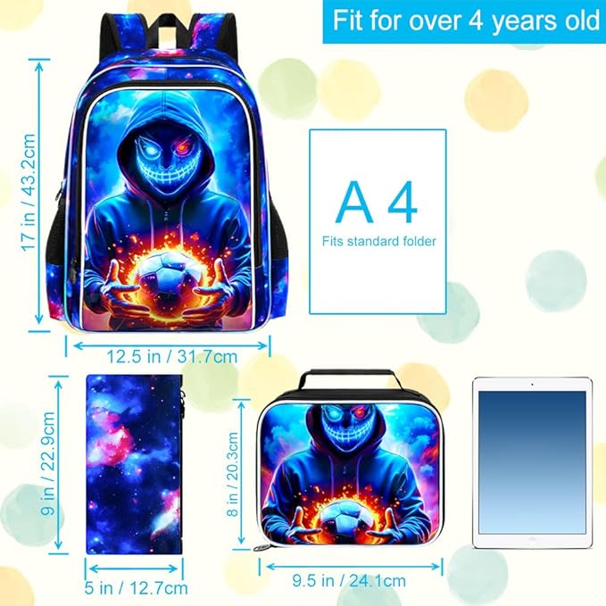 KLFVB 3PCS Boys Bookbag, 17" Kids Football Backpack and Lunch Box, Water Resistant School Backpack for Teenagers Middle Elementary - Demon Soccer