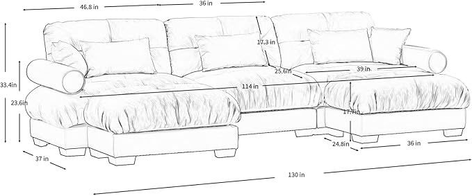 130"Oversized Couch, 3 Seater Modular Sectional Sofa, Olive Green Large U Shaped Sectional Couches for Living Room, Fluffy Couch Set, 3 Seater, Velvet Cloud Couches with Ottoman, Sofas for Living Room