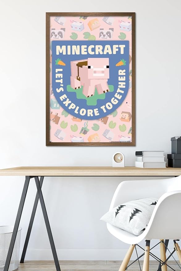 Trends International Minecraft - Let's Explore Together Wall Poster, 34L x 22.4W, Bronze Framed Version