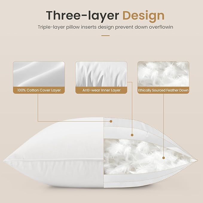 BHZ Throw Pillows 12x20 Euro Pillow Inserts Set of 2, Down Feather Alternative Pillow Inserts, Decorative Soft Large Square White Throw Pillows Insert for Couch Bed Dorm Sofa with Cotton Cover