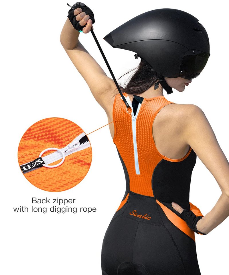 Santic Women Triathlon Suit Back Zipper tri Suit Padded One-Piece Sleeveless Swimsuits Quick-Dry(Orange,M)