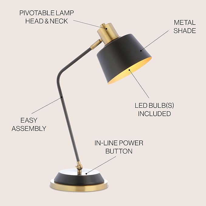 JONATHAN Y 23" Black/Brass Gold 1-Light Metal LED Task Lamp, Modern Arched Desk Lamp for Home Office or Reading Nook with Tilting Head, UL Listed, LED Bulb Included JYL6002A