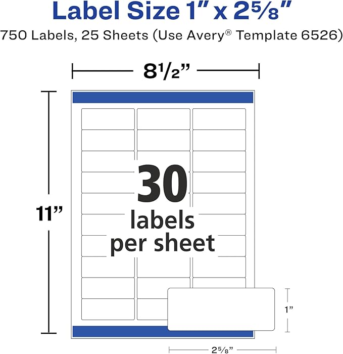 Avery Address Labels, Sure Feed and Easy Peel Technology, Glossy White Labels, 1" x 2-5/8", Permanent, Laser/Inkjet, 750 Total (6526)