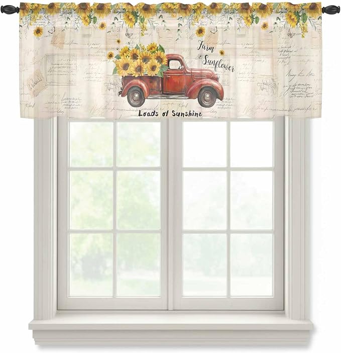 Farmhouses Sunflowers Sheer Valance Curtains, Retro Floral Leaves Red Truck