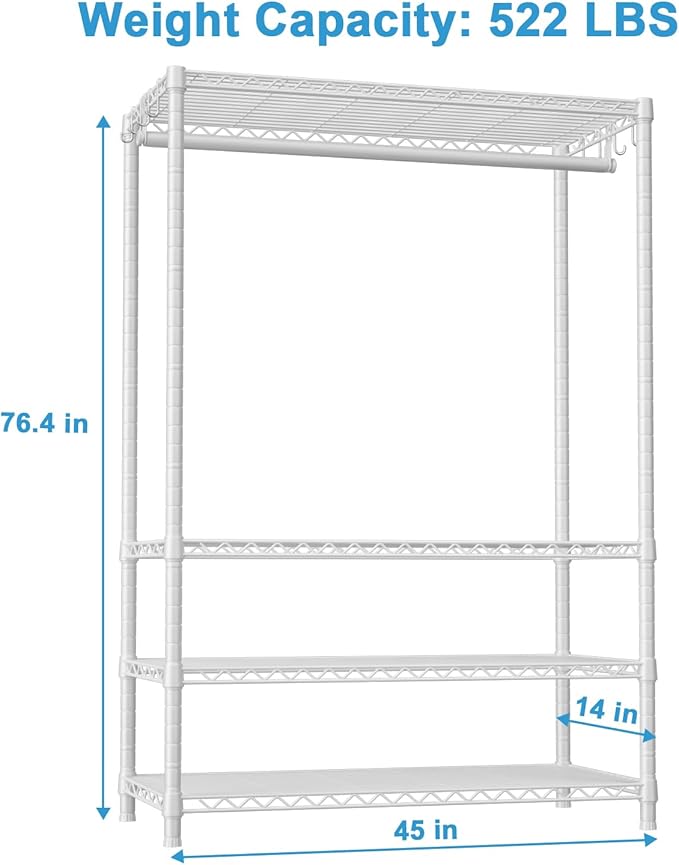 Ulif H4 Plus Garment Rack, 4-Tier Portable Clothes and Clothing Rack for Bedroom and Cloakroom, Closet Storage and Organizer Wardrobe System, 45" W x 14" D x 76.4" H, Load 522lbs, White