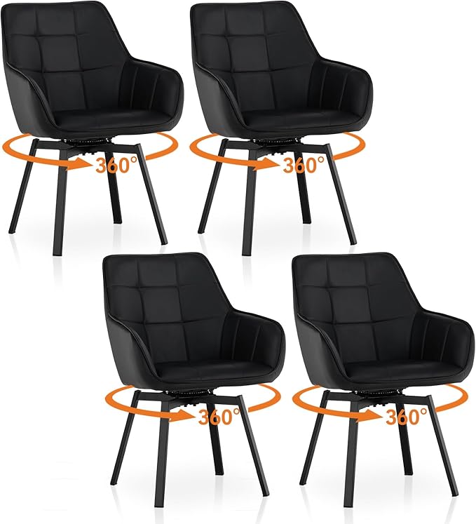 TUKAILAi Swivel Dining Chairs Set of 4, Faux Leather Upholstered Mid Century Accent Chairs with Metal Legs, Rotatable Armchairs for Home Kitchen Restaurant (Black)