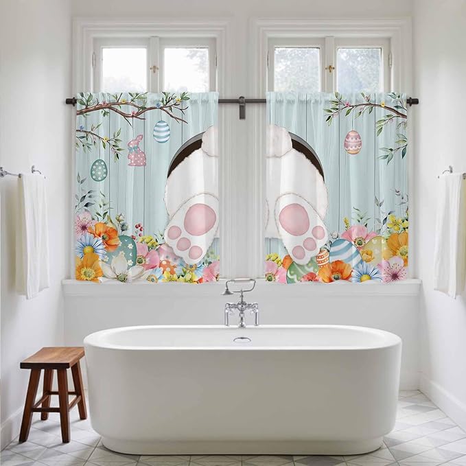 Easter Bunny Kitchen Curtains 54 Inch Long 2 Panel Set, Rod Pocket Window