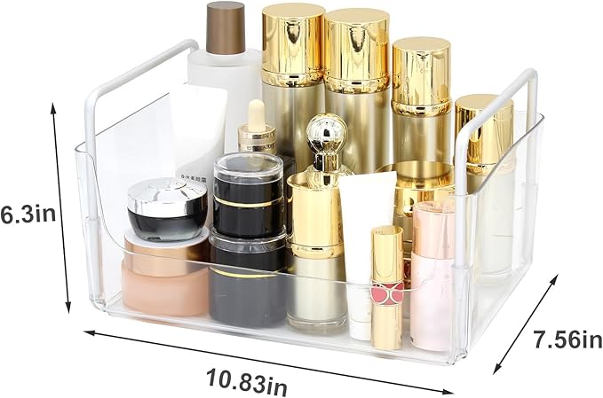Clear Makeup Organizer Tray with Handles Bathroom & Vanity Storage for Cosmetics, Skincare - Countertop Organizer Kitchen Cabinet Storage Tray