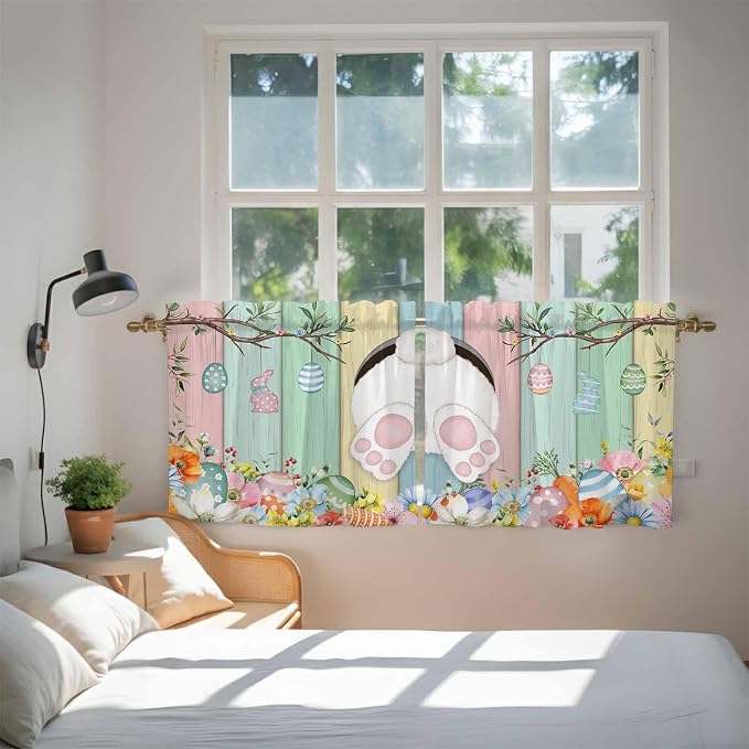 Easter Kitchen Tier Curtains 24 Inch Long 2 Panel Set, Rod Pocket Cafe Small