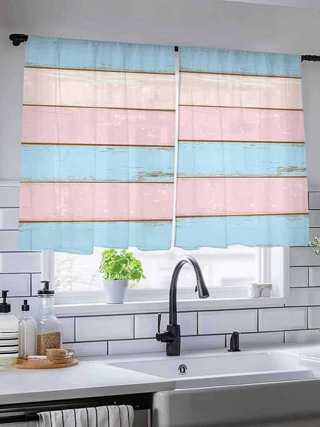 Sheer Curtains 45 Inch Length, Farmhouse Country Shabby Striped Privacy Voile