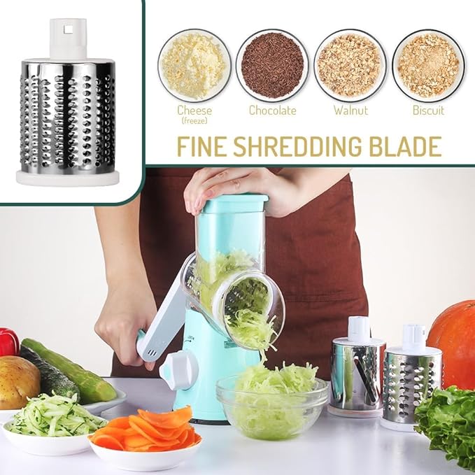 Maxceysen Rotary Cheese Grater with Handle Vegetable Shredder Round Kitchen Slicer Mandoline Grater for Vegetable, Nuts, Chocolate, Cheese, White, 3 Stainless Steel Blades