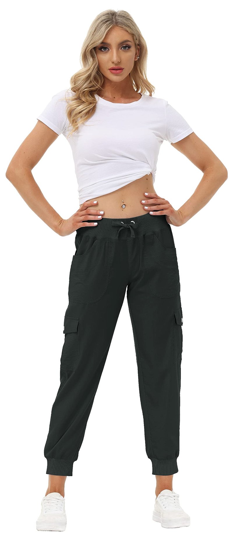 MoFiz Women Cargo Pants with Pockets Lightweight Outdoor Summer Travel Casual Hiking Pants Running Joggers Sweatpants Elastic Waist Dark Grey S