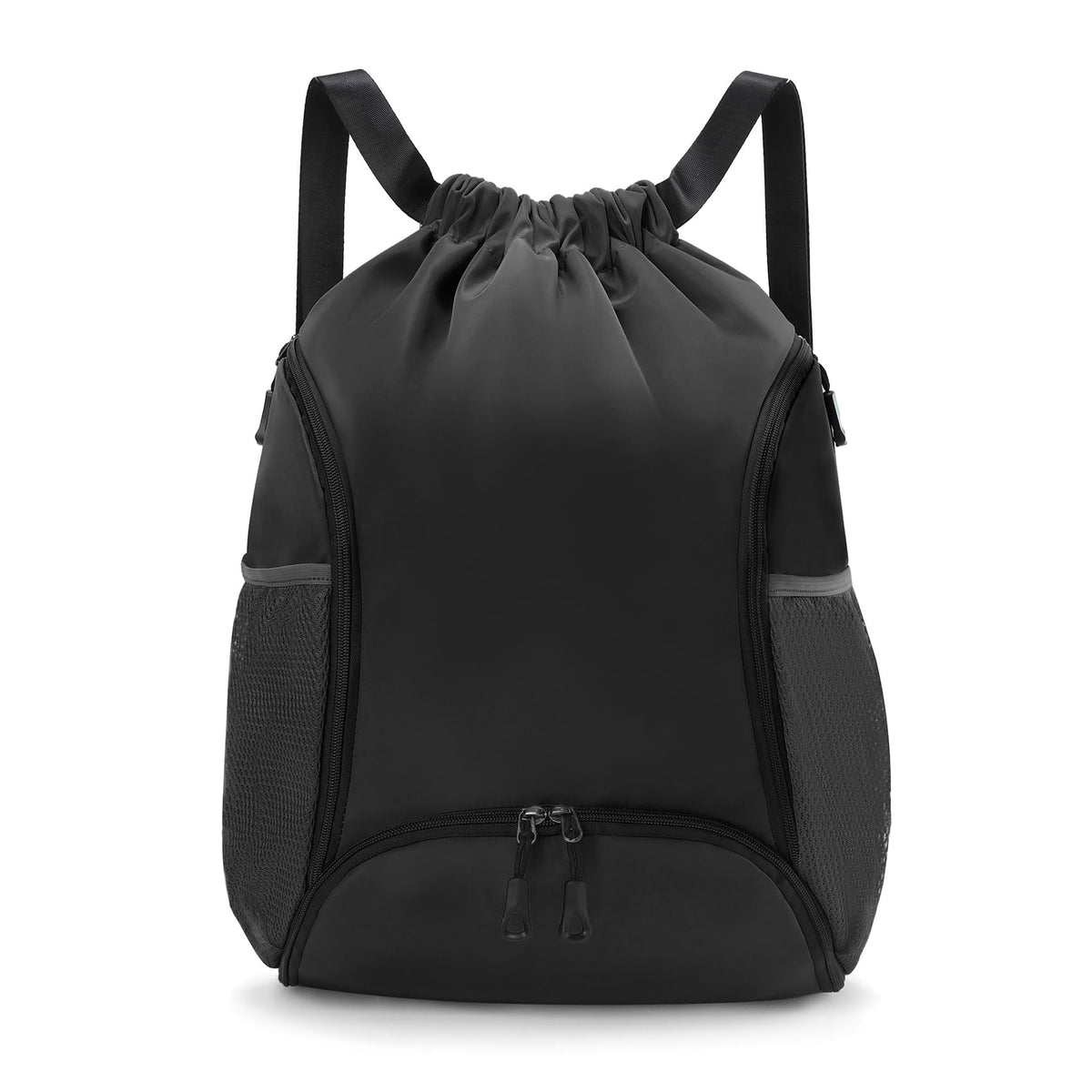 Valleycomfy Sports Gym Bag Drawstring Backpack with Shoes Basketball Bag and Two Water Bottle Holder,Black