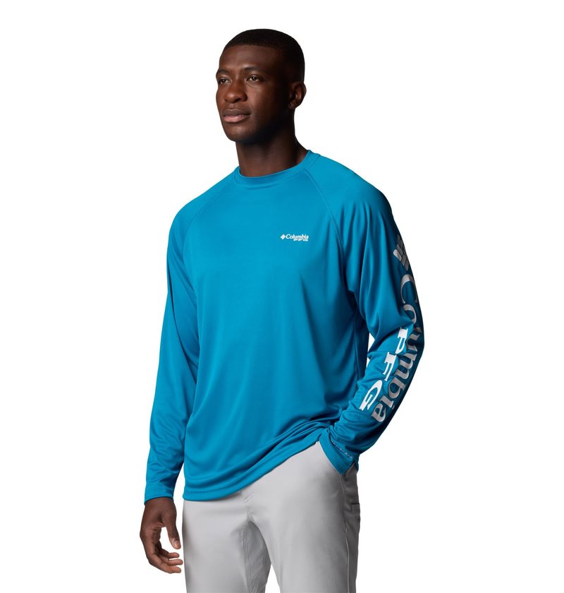 Columbia Men's PFG Terminal Tackle Long Sleeve Fishing Shirt, Blue Echo/White Logo, Large