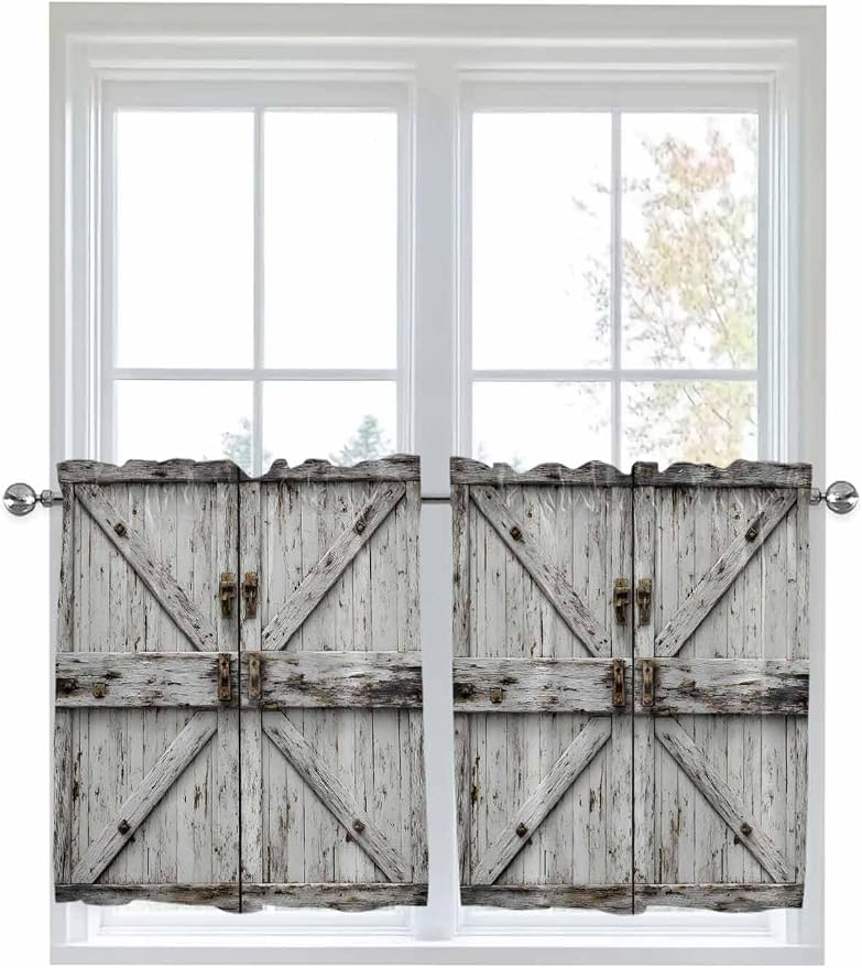 Vintage Gate Half Window Curtains 24 Inches Long, Farmhouse Wooden Grain Shabby