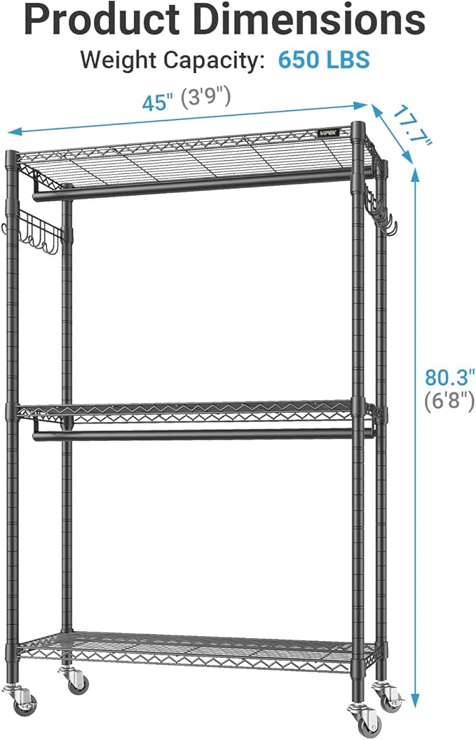 VIPEK R2 Plus Heavy Duty Rolling Garment Rack 3 Tiers Adjustable Wire Shelving Clothes Rack with Double Rods and Side Hooks, Freestanding Wardrobe Storage Rack Metal Clothing Rack, Black