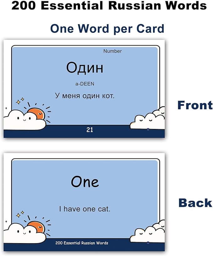 200 Essential Russian Words Vocabulary Flash Cards Flashcard for Beginners Adults | Learn Russian for Beginners Adult