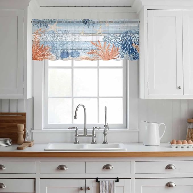 Ocean Corals Sheer Valance Curtains, Summer Beach Coral Sea Stars Blue Wood