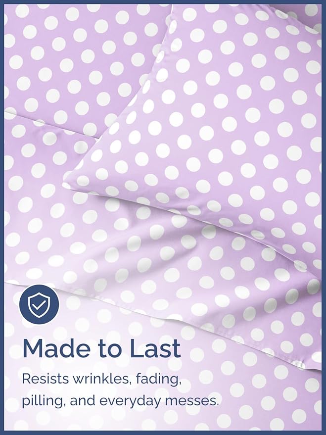 Kids Purple Dots Queen 4 Piece Sheet Set - Boys, Girls, Teens, Toddler - Easy Fit Deep Pockets - Breathable, Hotel Quality Sheets - Machine Washable - Wrinkle Free - Cute, Cozy, Soft - CGK Linens