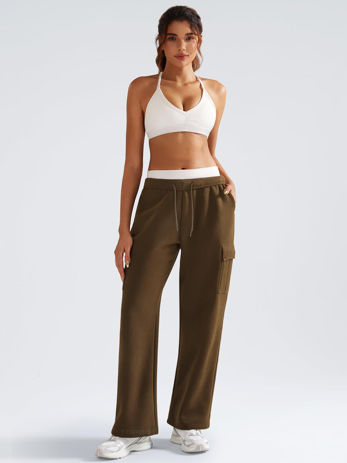 YEOREO Sweatpants Womens Cargo Pants Fleece Lined Wide Leg Joggers Baggy Drawstring Nairi Sweat Pants with Pockets Coffee M