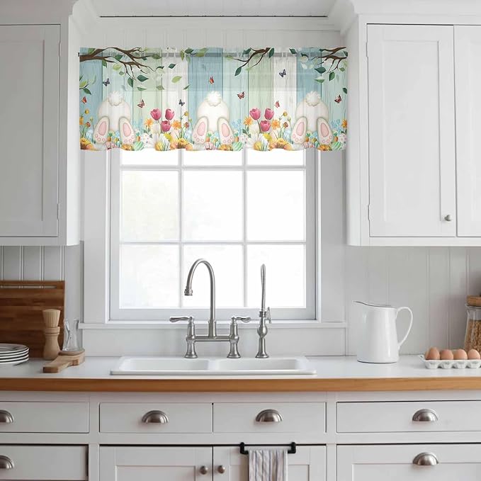 Easter Sheer Valances for Windows 60"x18", Light Filtering Kitchen Curtains
