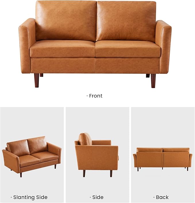 Kingfun Faux Leather 2 Seat Couch for Living Room, Mid Century Modern Sofa with Rolled Arms and Deep Seats, Fluffy Comfort for Apartment, Easy to Assemble, Mid Brown