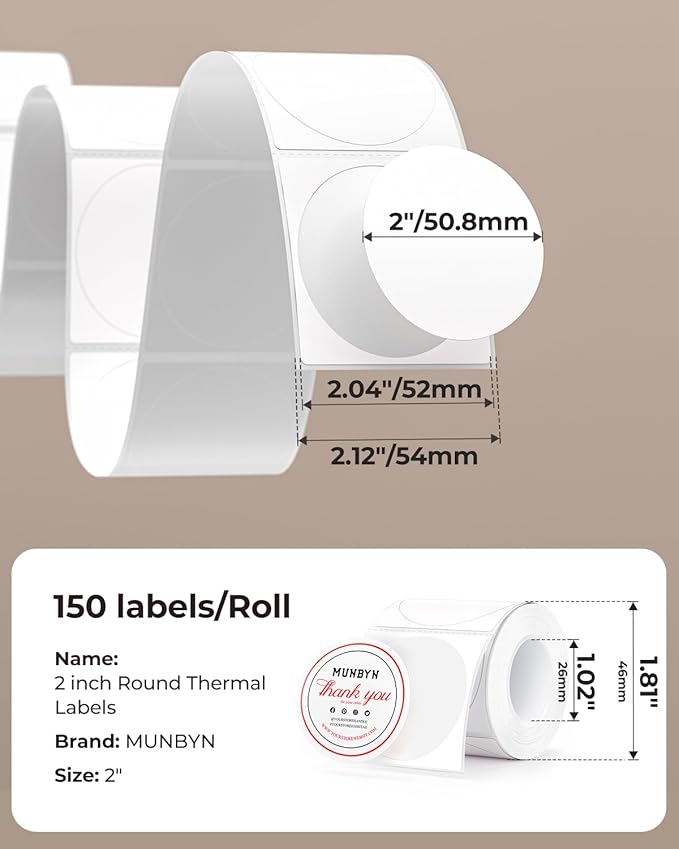 MUNBYN Red&Black Thermal Labels, Only Compatible with MUNBYN RW405, Dual Color Round Thermal Sticker for Schools, Business, Price Tags, Baking Labels, 150 Sheets/1 Roll