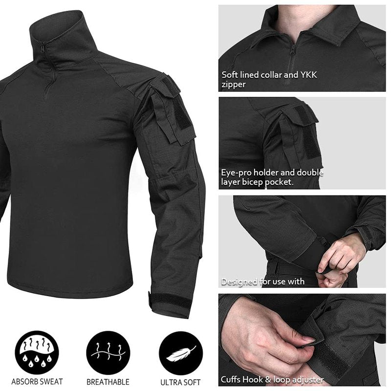 KRYDEX Tactical Men's Combat Shirt Rapid Assault Long Sleeve Shirt with Elbow Pads (US, Alpha, Small, Regular, Regular, Black)