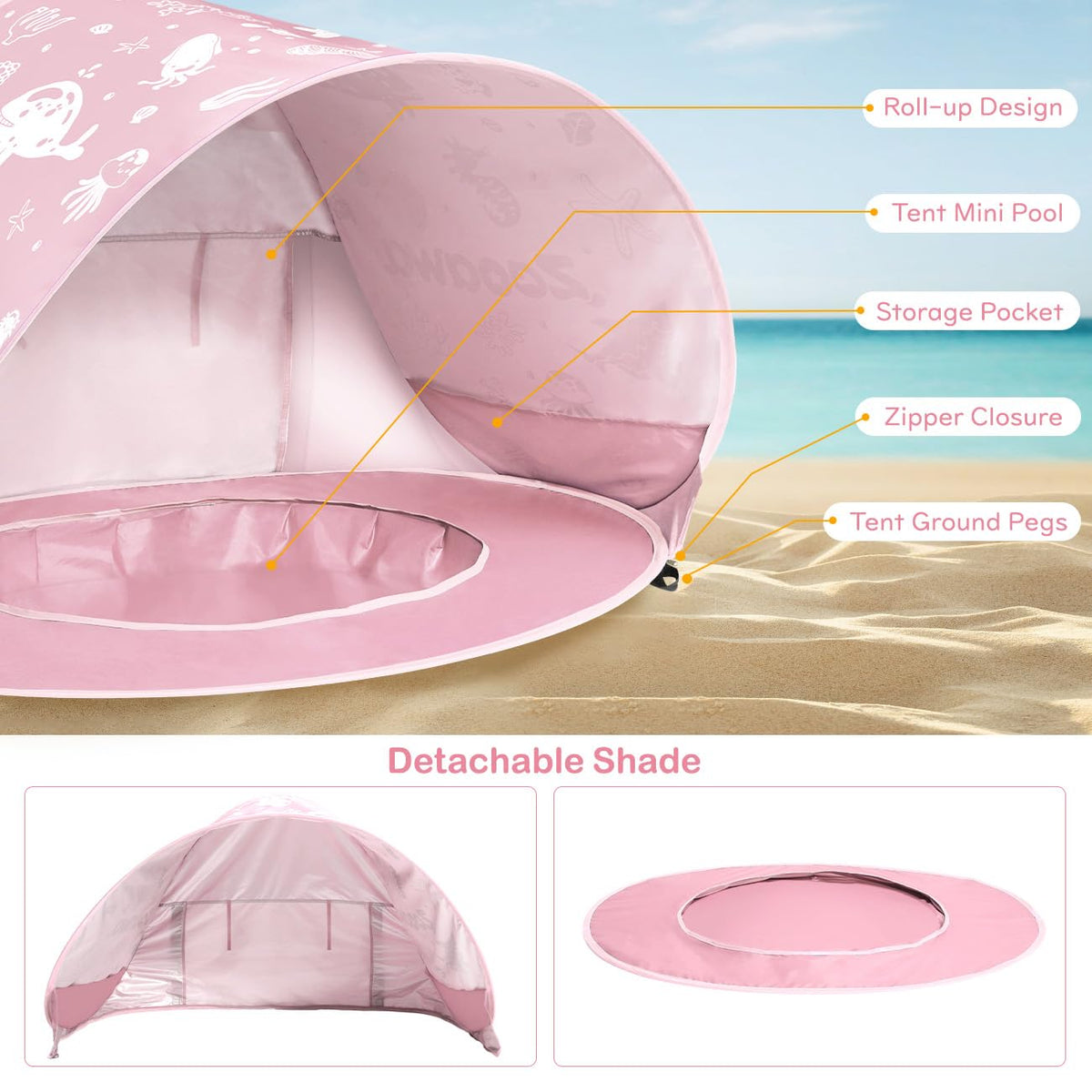 Zooawa Baby Beach Tent, Pop Up Beach Tent Sun Shade, Portable Shade Pool UV Protection Sun Shelter for Infant with Sand Toys Set, Light Pink